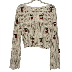 Rebellion Crochet Cream Open Knit Cherry Cardigan Size Small Gen Z Trendy Summer